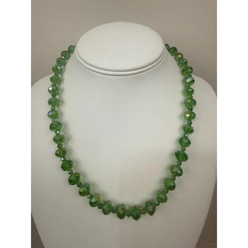 Faceted Green Crystal Necklace Aurora Borealis Beaded Graduated Strand Design
